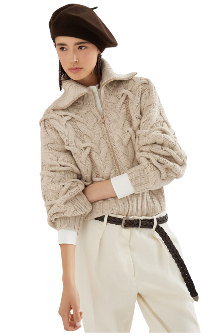 Brunello Cucinelli Women's Crisscross Cable Cardigan in Cashmere Brunello Cucinelli Women's Crisscross Cable Cardigan in Cashmere