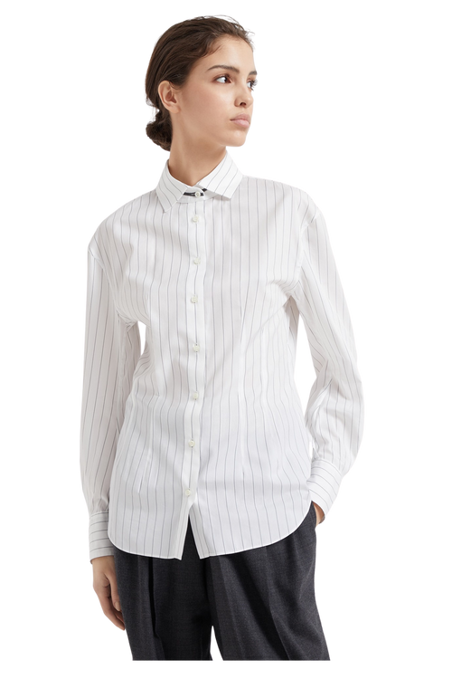 Brunello Cucinelli Women's Striped Cotton and Silk Poplin Shirt with Monili