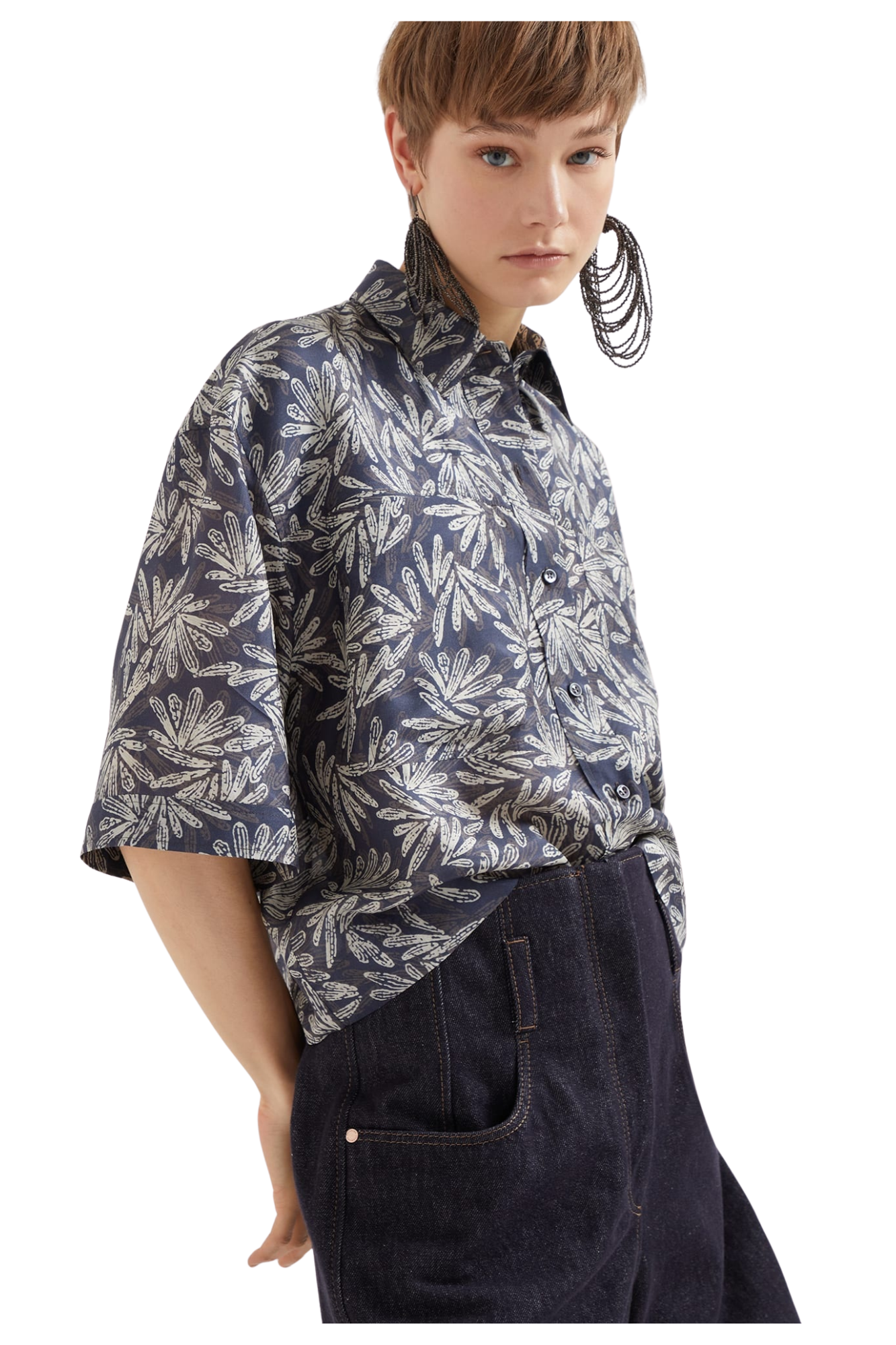 Brunello Cucinelli Women's Silk Fern Print Pongee Shirt with Monili