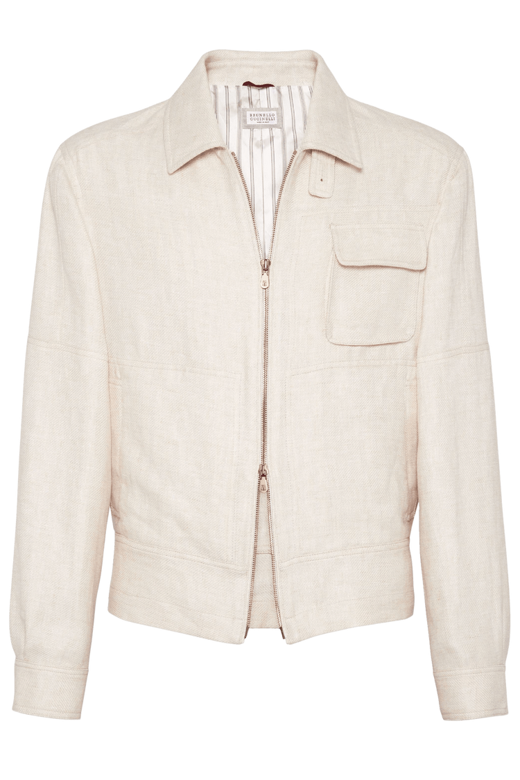 <tc>Brunello Cucinelli</tc> جاكيت هارينغتون رجالي من مزيج الكتان والصوف والحرير