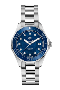 <tc>TAG Heuer</tc> ساعة أكواريسر كوارتز 35 مم للنساء باللون الأزرق من عرق اللؤلؤ