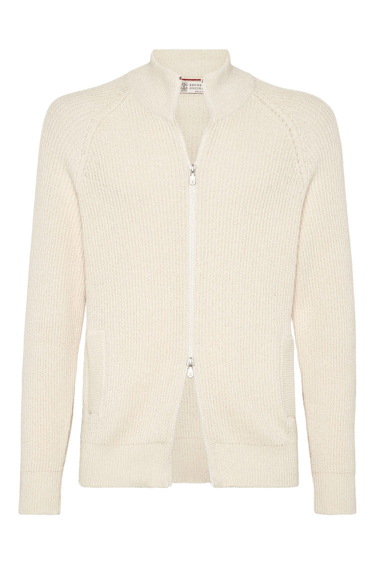 <tc>Brunello Cucinelli</tc> كارديجان رجالي من القطن الإنجليزي المضلع من مالفيلي مع سحاب