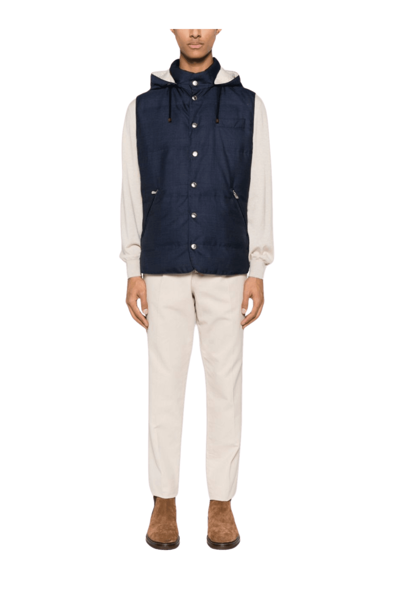 <tc>Brunello Cucinelli</tc> เสื้อแจ็คเก็ตขนเป็ดแขนกุดมีฮู้ดสำหรับผู้ชาย