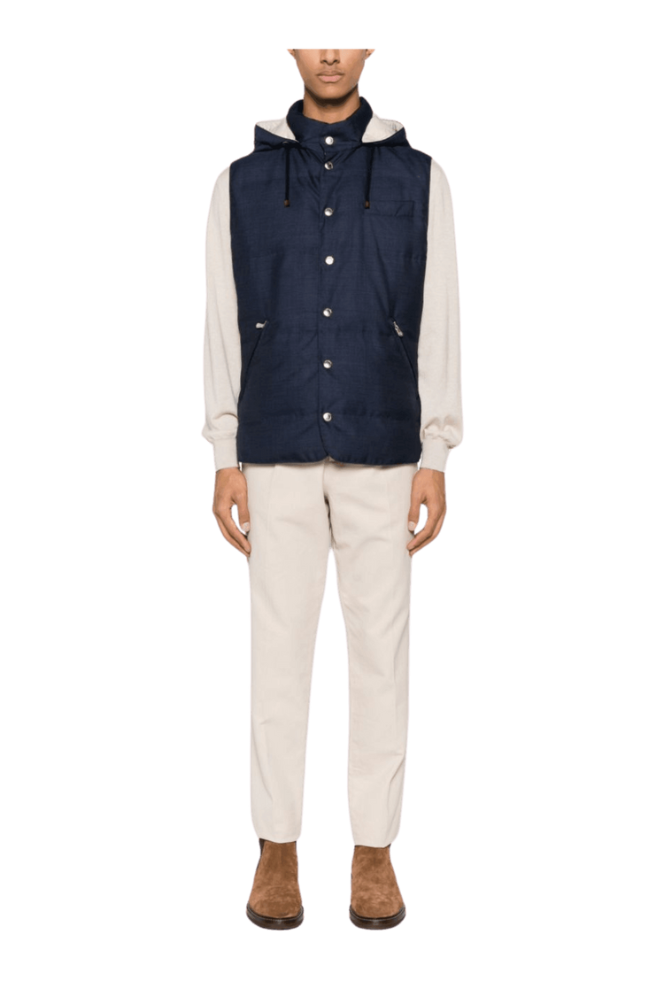 <tc>Brunello Cucinelli</tc> เสื้อแจ็คเก็ตขนเป็ดแขนกุดมีฮู้ดสำหรับผู้ชาย