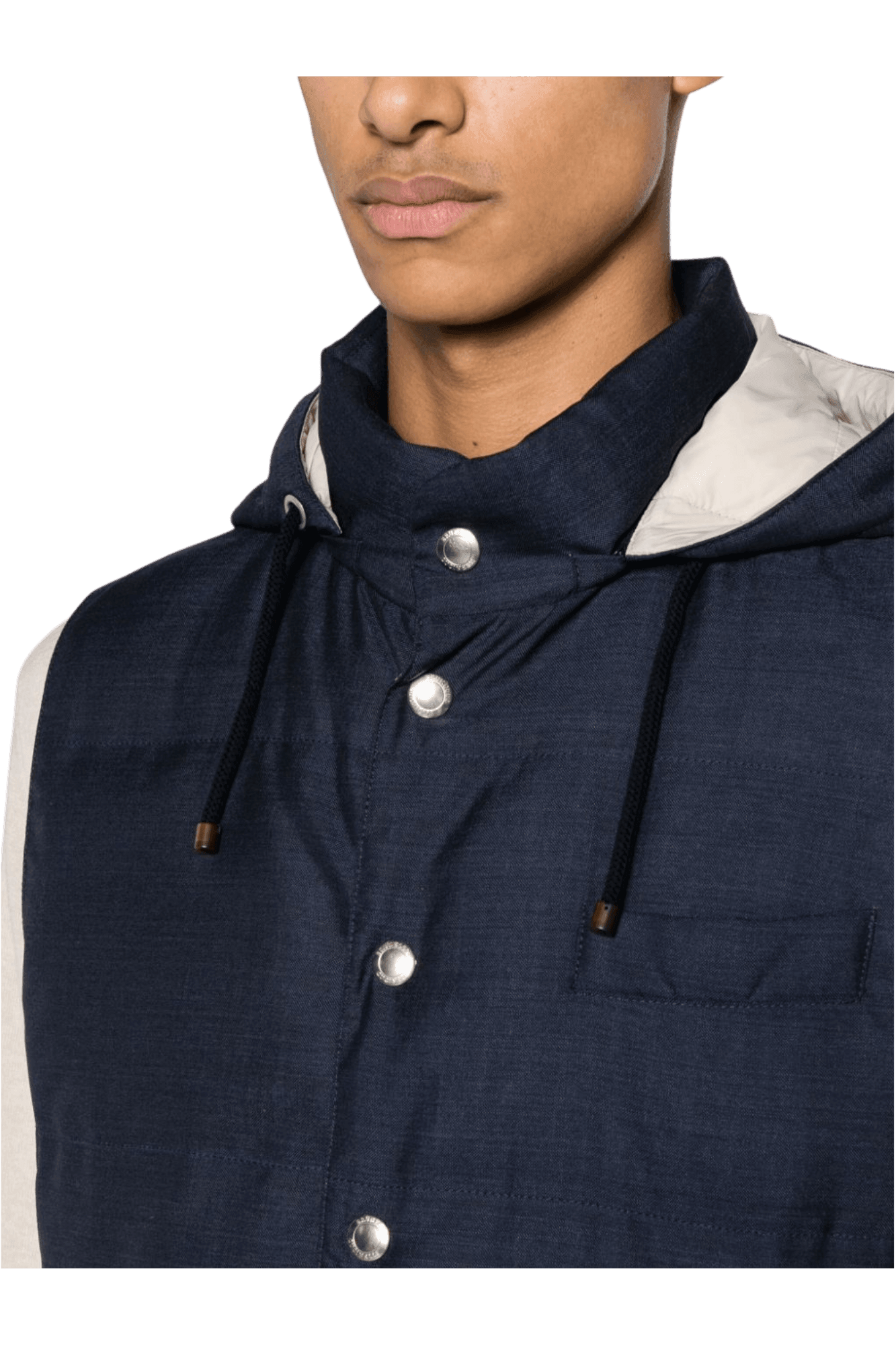 <tc>Brunello Cucinelli</tc> เสื้อแจ็คเก็ตขนเป็ดแขนกุดมีฮู้ดสำหรับผู้ชาย
