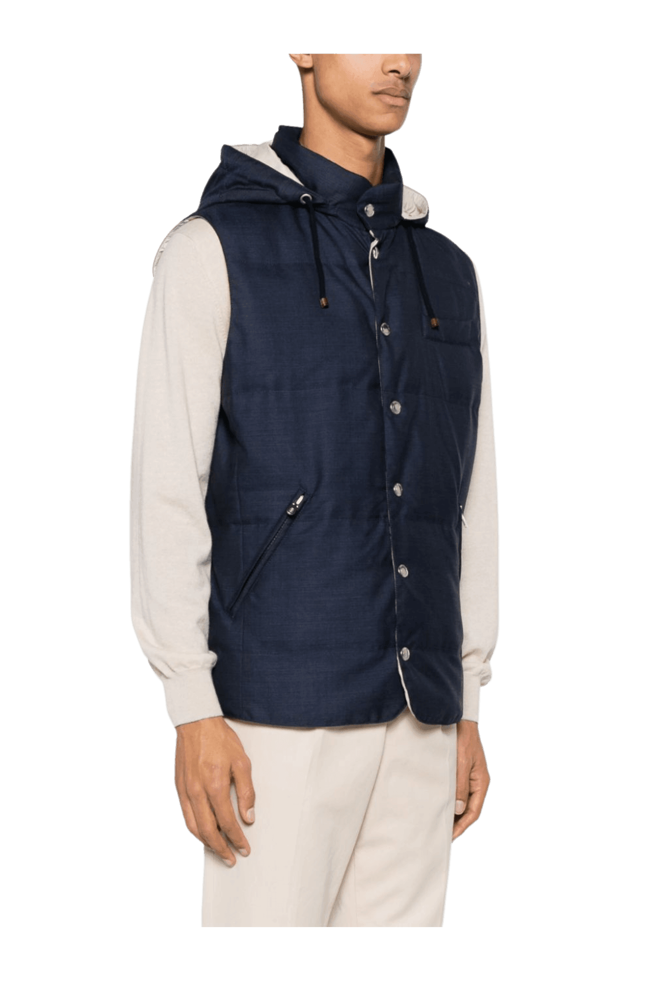 <tc>Brunello Cucinelli</tc> เสื้อแจ็คเก็ตขนเป็ดแขนกุดมีฮู้ดสำหรับผู้ชาย