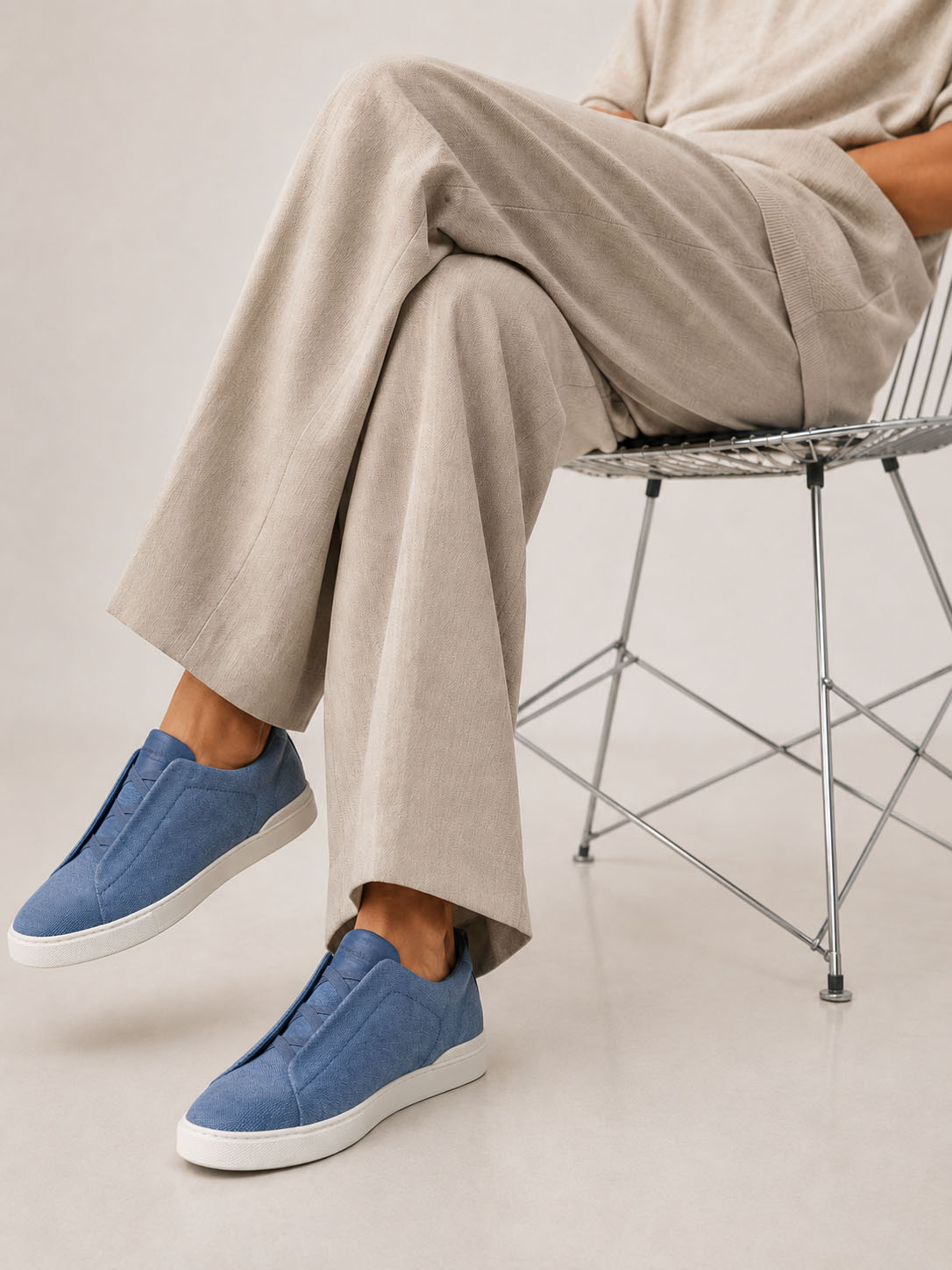 Zegna Men's Cotton Linen and Leather Triple Stitch Sneakers