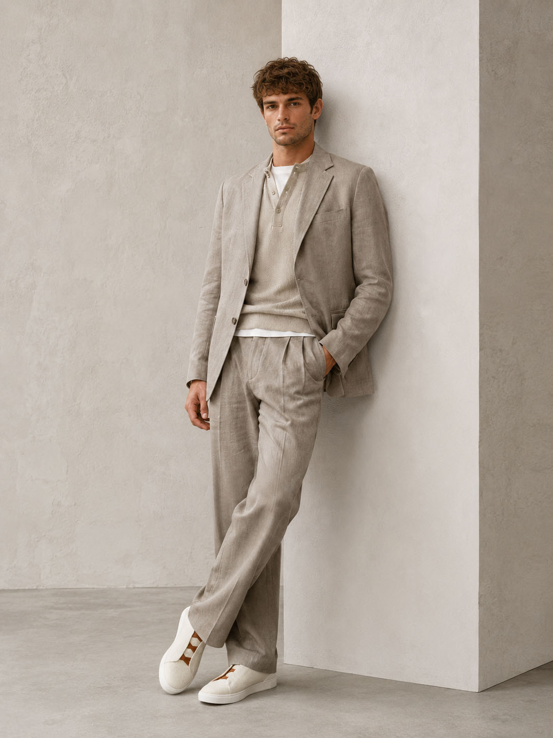 Zegna Men's Cotton Linen and Leather Triple Stitch Sneakers